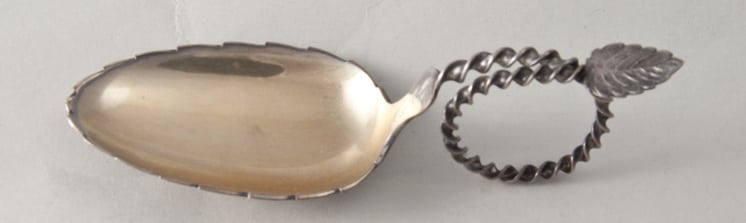Sugar spoon with a large oval bowl with serrated edges and a gold wash - Norwegian Metalworking