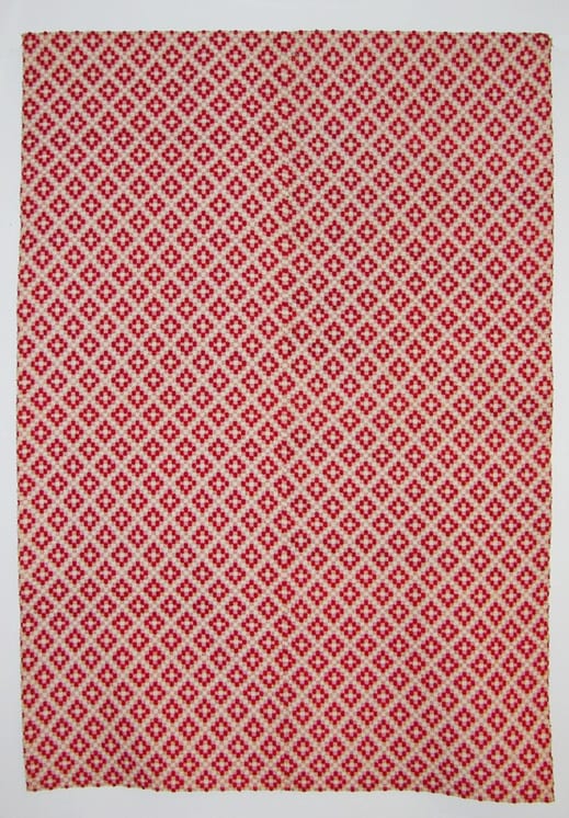 Coverlet woven using crackle weave or halvdreiel technique. Crisscross pattern in red wool - Textiles