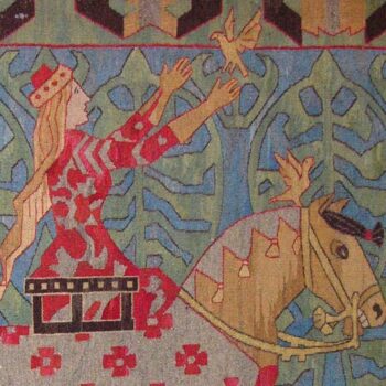Pictorial tapestry of a prince and princess riding into the forest from a castle - Textiles