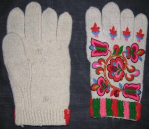 white handknit gloves have Telemark-style embroidery - Textiles