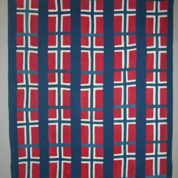 This quilt is made of repeating blocks of Norwegian flags