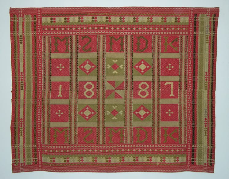 Coverlet with long-eyed heddles with inlayed inscriptions and other geometric designs - Textiles