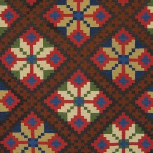 Coverlet with large eight-petal flowers that are divided by diagonal bands of crosses - Textiles