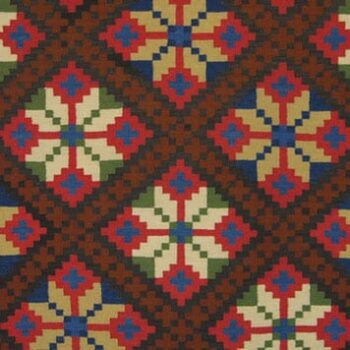 Coverlet with large eight-petal flowers that are divided by diagonal bands of crosses - Textiles