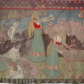 Tapestry with stylized presentation of three princesses and their three bewitched lovers in forms of deer, bird, and fish - Textiles
