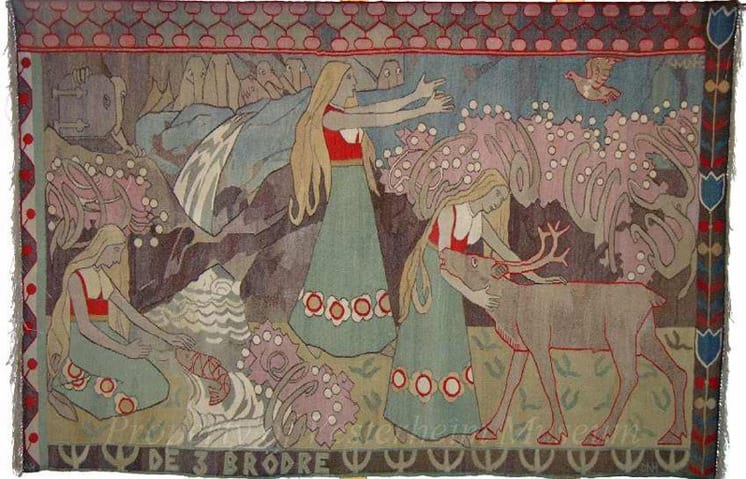 Tapestry with stylized presentation of three princesses and their three bewitched lovers in forms of deer, bird, and fish - Textiles