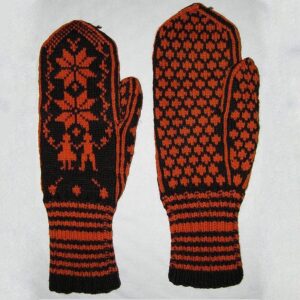 Mittens knit in two-ply brown wool with orange designs - Textiles