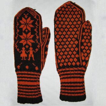 Mittens knit in two-ply brown wool with orange designs - Textiles