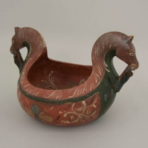 Hand-carved large ale bowl with handles carved in the shape of horse's heads with a small man hanging from each bridle - Rosemaling