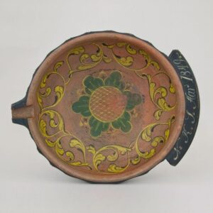 Low outflaring bowl with spout and wide shallow handle - Rosemaling