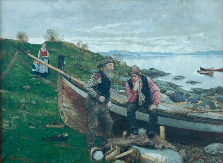 Two Men by Fishing Boat on Shore, Christian Eggen - Fine Arts