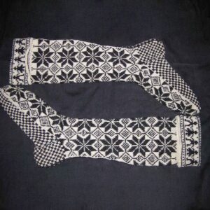 Hand-knit socks made of heavy wool with eight-petal flowers pattern in black - Textiles