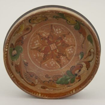 Bowl is turned from one piece of wood and has Hallingdal style rosemaling with inscription - Rosemaling
