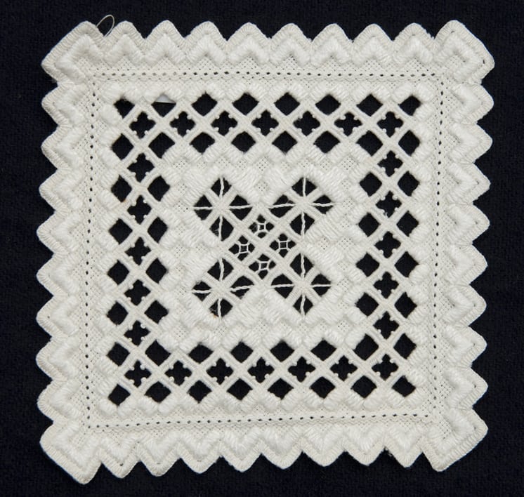 Coasters embroidered in varying traditional Hardanger patterns - Textiles