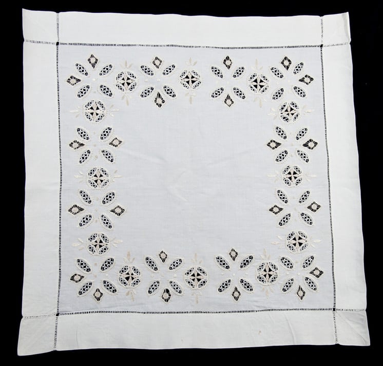 A nearly square piece of fine bleached linen with four borders of hemstitching - Textiles