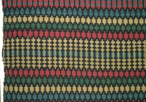 Norwegian coverlet woven in krokbrad (boundweave), single-point type, in red, blue, black, white, and green - Textiles