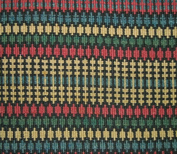 Norwegian coverlet woven in krokbrad (boundweave), single-point type, in red, blue, black, white, and green - Textiles