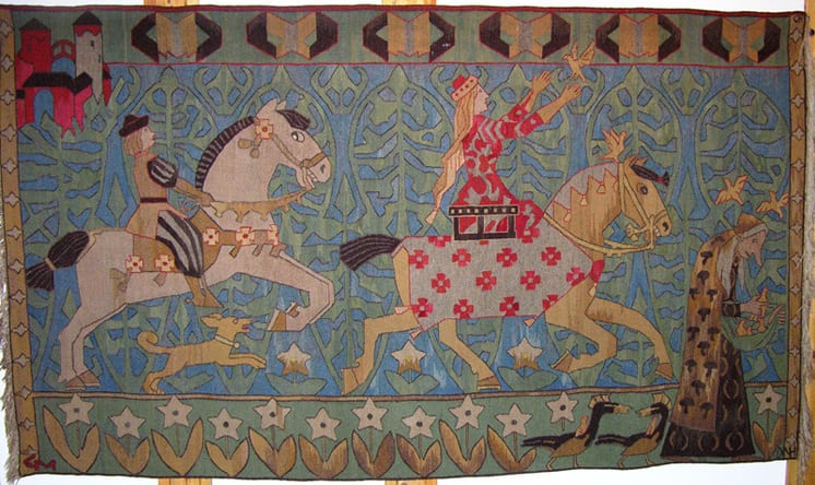 Pictorial tapestry of a prince and princess riding into the forest from a castle - Textiles