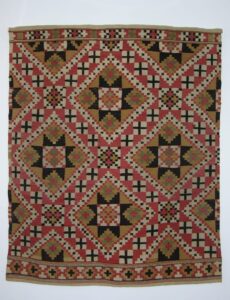 Coverlet woven in a pattern of crosses, diamonds, and eight-petal flowers in rutevev - Textiles