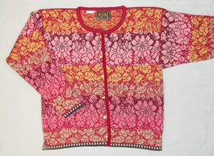 Wool sweater with all-over knit floral pattern in bands of rose, maroon, green, and gold - Textiles