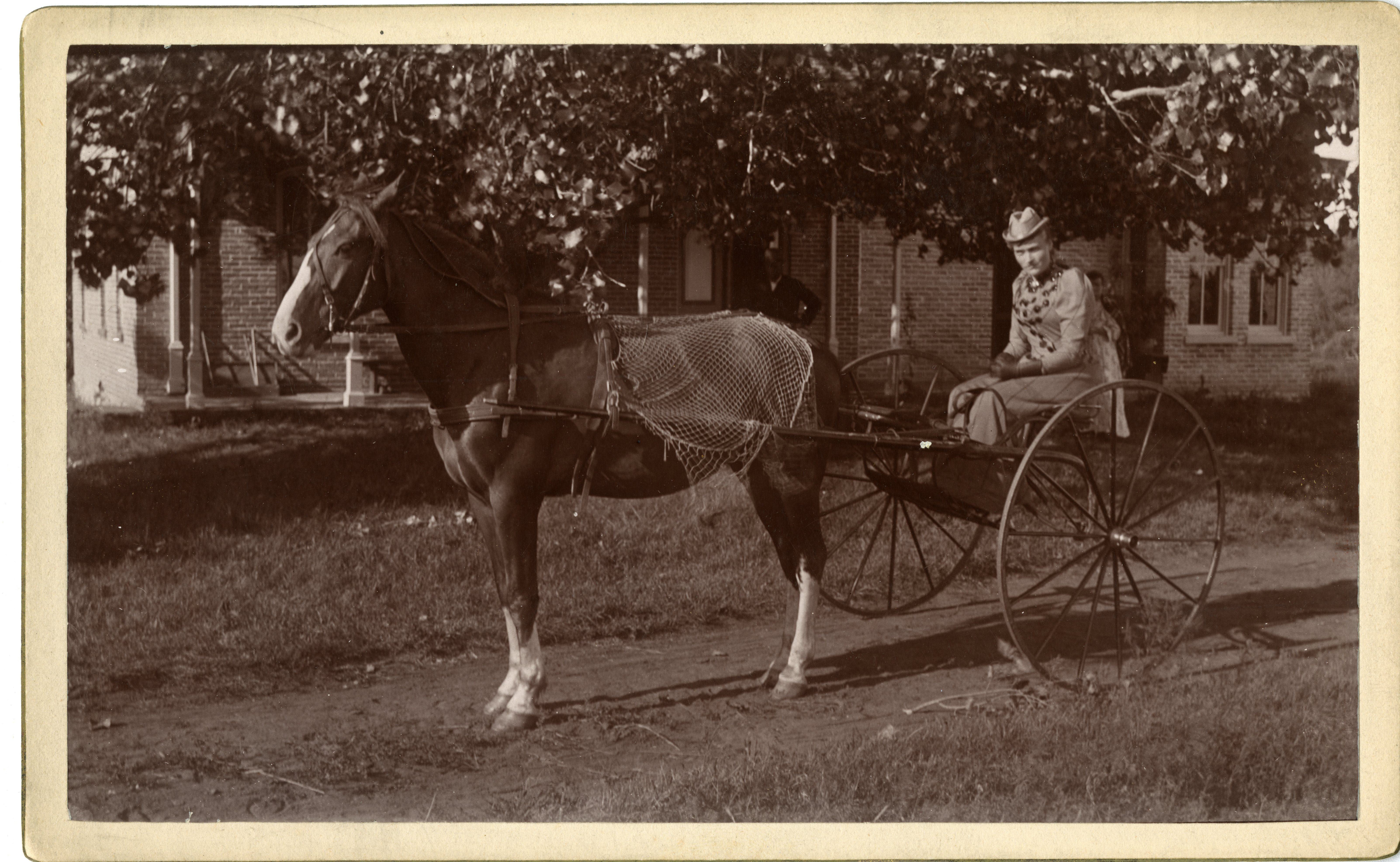 Woman on horse and buggy outside of house.