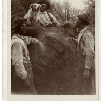 Three men and dog sit/stand on pile of hay.