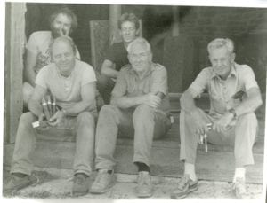 Five men pose for photo at knife making class at Vesterheim. Havard Bergland, Rob Spear, Fred Cogelow
