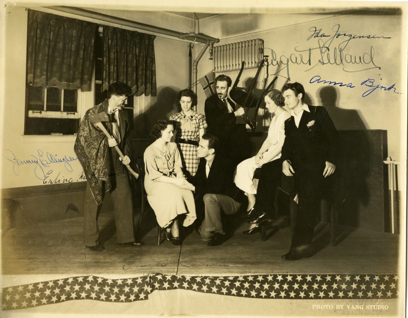 Seven individuals dressed up to act.