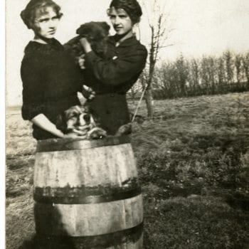 Two girls holding one dog and the other dog in a wheel barrel.